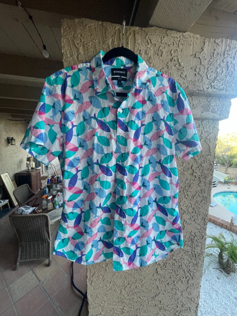 Bonobos Riviera Cruiseware Fish Design Short Sleeve Slim Fit Shirt - L